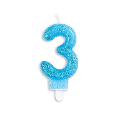 Bougie numérotée bleu pailleté nr. 3