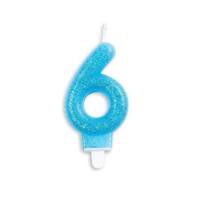 Bougie numérotée bleu pailleté nr. 6