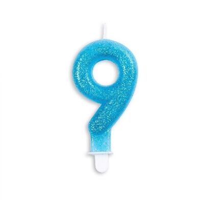 Number candle glitter blue nr. 9