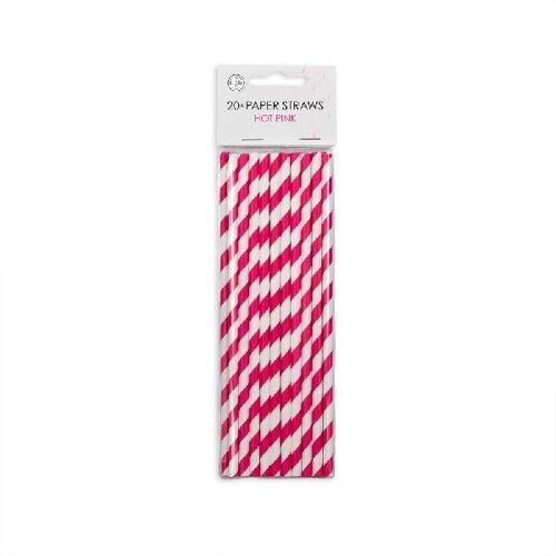 20 Paper straws 6mm x 197mm striped hotpink