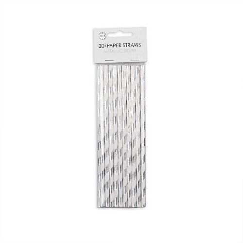 20 Paper straws 6mm x 197mm silver hotstamping