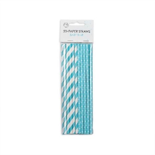 20 Paper straws 6mm x 197mm stripe/dot baby blue