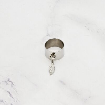 Bague breloque plume acier - 12mm