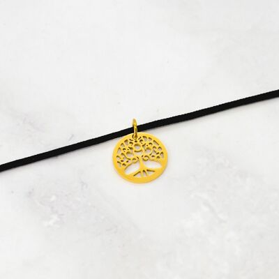 Gold steel tree of life cord necklace - 15mm