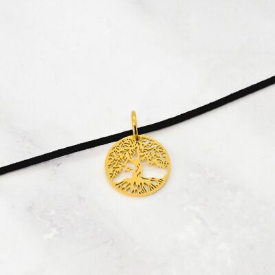 Gold steel tree of life cord necklace - 20mm