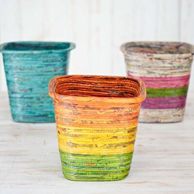 Recycled Newspaper Waste Paper Basket - Orange/Yellow/Green