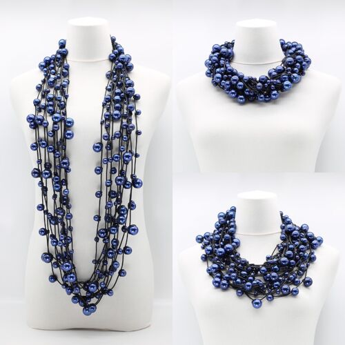10-Strand Faux Pearls on Leatherette Necklace - Blue