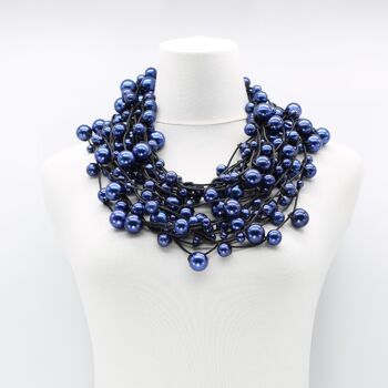 Collier à 10 rangs de fausses perles sur similicuir - Bleu 3