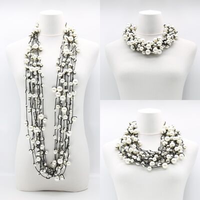 10-reihige Faux-Perlen an Kunstleder-Halskette - Weiß