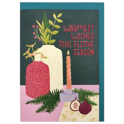 Tarjeta de Navidad con paisaje de mesa de follaje navideño "Deseos más cálidos para esta temporada festiva"