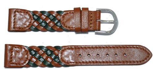 Bracelet montre cuir vachette véritable tressé marron et vert 18mm