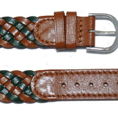 Brown and green braided genuine cowhide leather watch strap 18mm