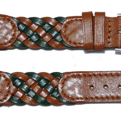 Bracelet montre cuir vachette véritable tressé marron et vert 18mm