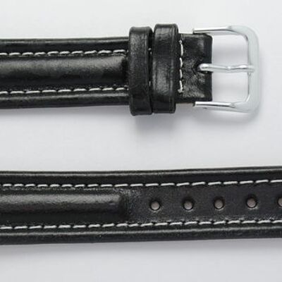 Genuine cowhide leather watch strap, aviator style black Roma leather with white stitching 18mm