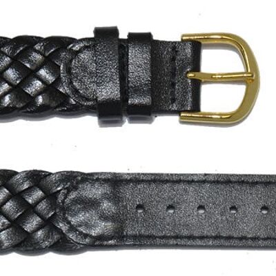 Black braided genuine cowhide leather watch strap 18mm
