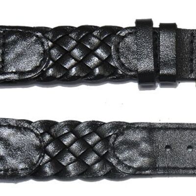 Black braided genuine cowhide leather watch strap 18mm