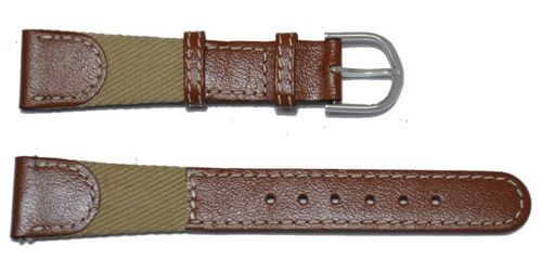 Bracelet montre en cuir marron et tissu 18mm, boucle chromée ou dorée au choix,