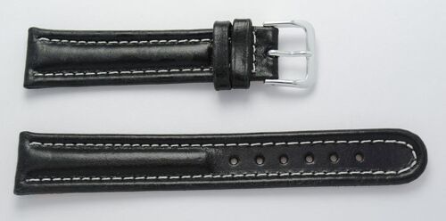 Bracelet montre cuir vachette véritable modèle style aviateur cuir Roma noir avec couture blanche 16mm