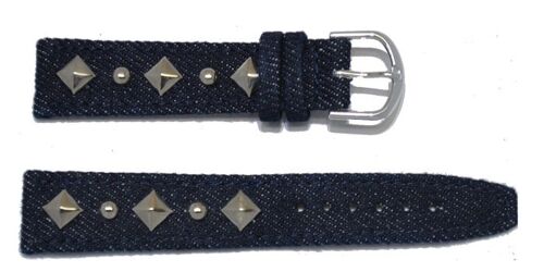 bracelet montre en jeans foncé avec déco métal chromé 18mm
