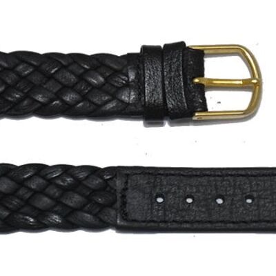 Bracelet montre cuir vachette véritable tressé noir 16mm