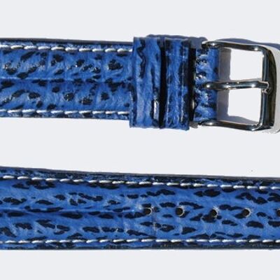 Bracelet montre cuir requin véritable bleu double joncs avec couture blanche 12mm