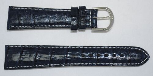 Bracelet montre cuir vachette véritable modèle bombé couture blanche gr alligator congo bleu marine 20mm