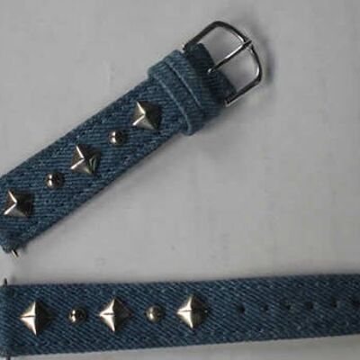 bracelet montre en jeans claire avec déco métal chromé 18mm