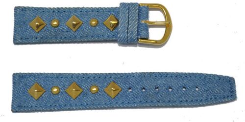 bracelet montre en jeans claire avec déco métal doré 18mm