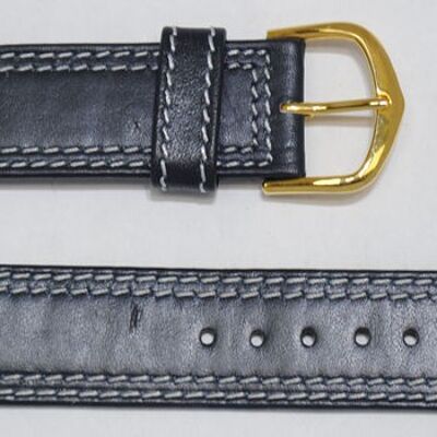 20mm flat genuine cowhide leather watch strap with double white roma navy blue stitching