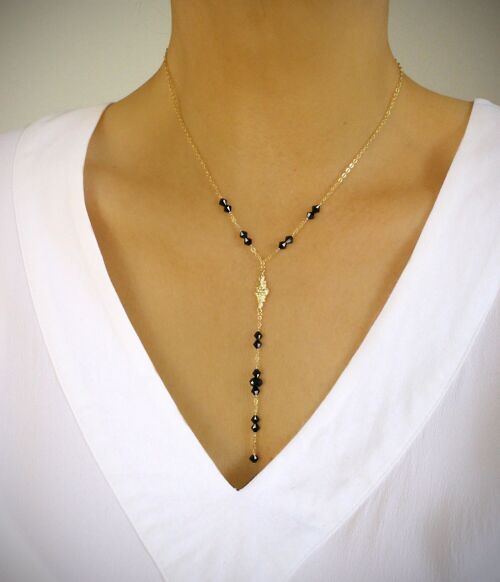 Gold Y necklace with black crystals