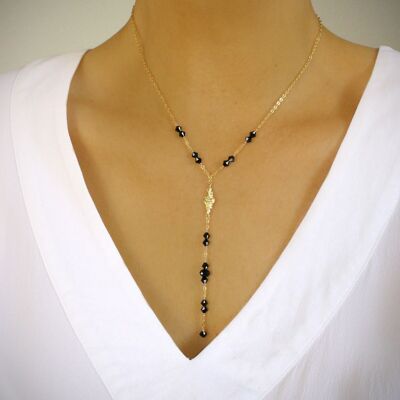 Gold Y necklace with black crystals