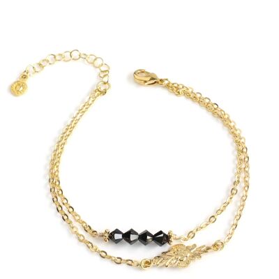 Gold double chain bracelet with black crystals
