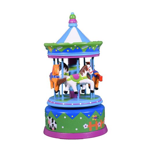 Wooden musical carousel with horses, animated music box made from high quality wood.