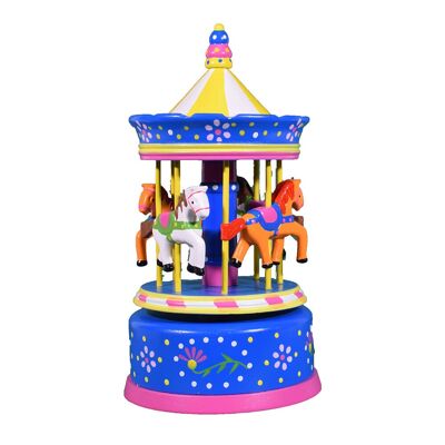 Wooden musical carousel with horses, animated music box made from high quality wood.