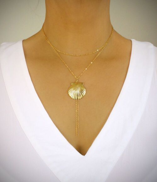 Gold double chain seashell Y necklace