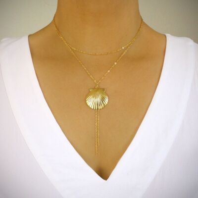 Gold double chain seashell Y necklace