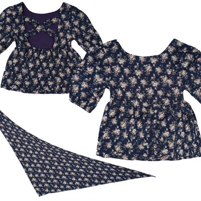 Floral "blouse + scarf" set - Navy blue