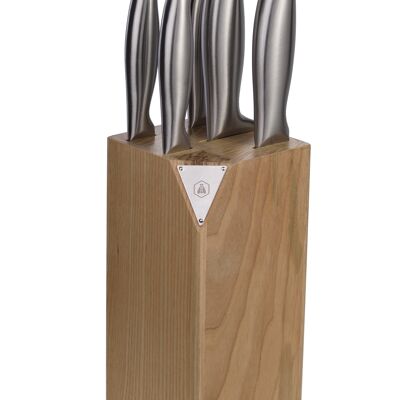 Eschenholzblock mit einem Satz von fünf Messern