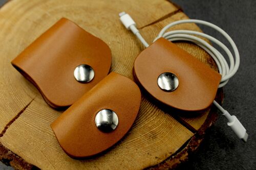 Leather cable organizers - cognac - set of 3