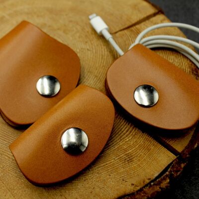 Leather cable organizers - cognac - set of 3