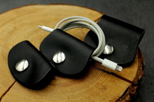 Leather cable organizers - black - set of 3, cable clips