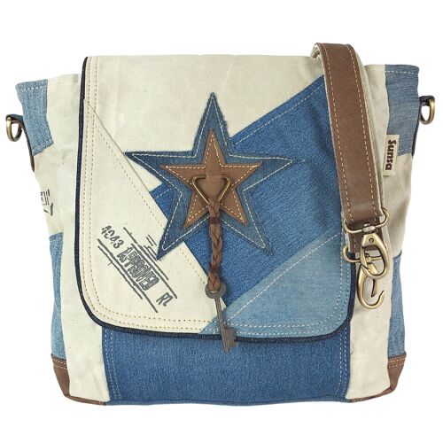 Sunsa Vintage Messenger Tasche. Recycelte Jeans Umhängetasche. Schultertasche aus beige Canvas & Jeans