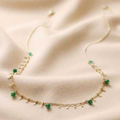 Semi-Precious Stone Green Beaded Droplet Necklace in Gold