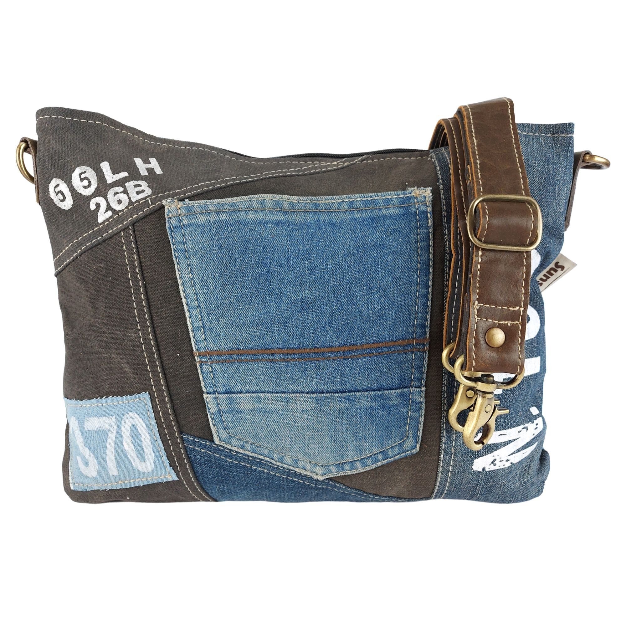 Borsa a tracolla Sunsa realizzata con jeans riciclati e tela nera. Borsa sostenibile