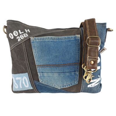 Sunsa shoulder bag made from recycled jeans and black canvas. Sustainable bag