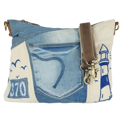 Sunsa women's shoulder bag made of beige canvas & recycled jeans. Sustainable crossbody bag