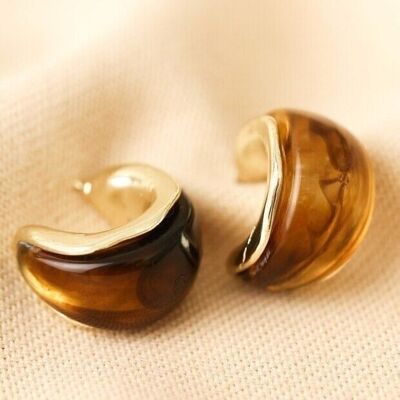 Small Amber Resin Hoop Earrings in Gold