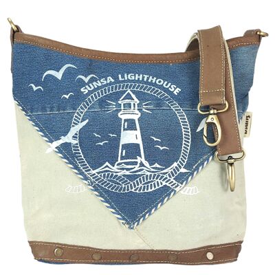 Sunsa kleine beige Canvas Tasche aus recycelter Jeans. Umhängetasche stone washed Schultertasche. Maritim Motiv