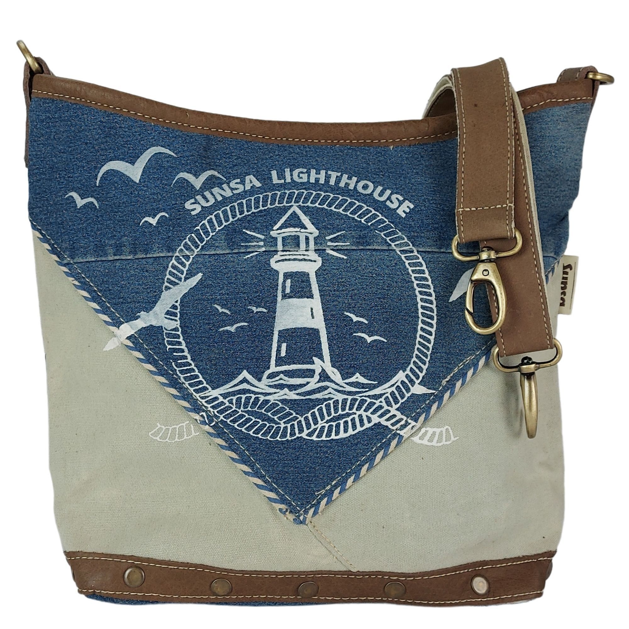 Borsa Sunsa piccola in tela beige realizzata con jeans riciclati. Borsa a spalla Borsa a tracolla stone washed. Motivo marittimo