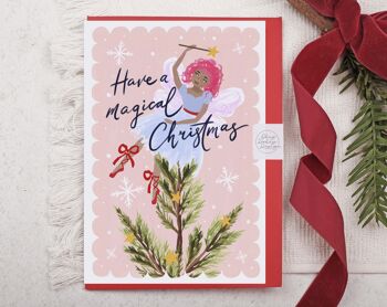 Carte de Noël | Carte de voeux de vacances | Fée magique rose 1